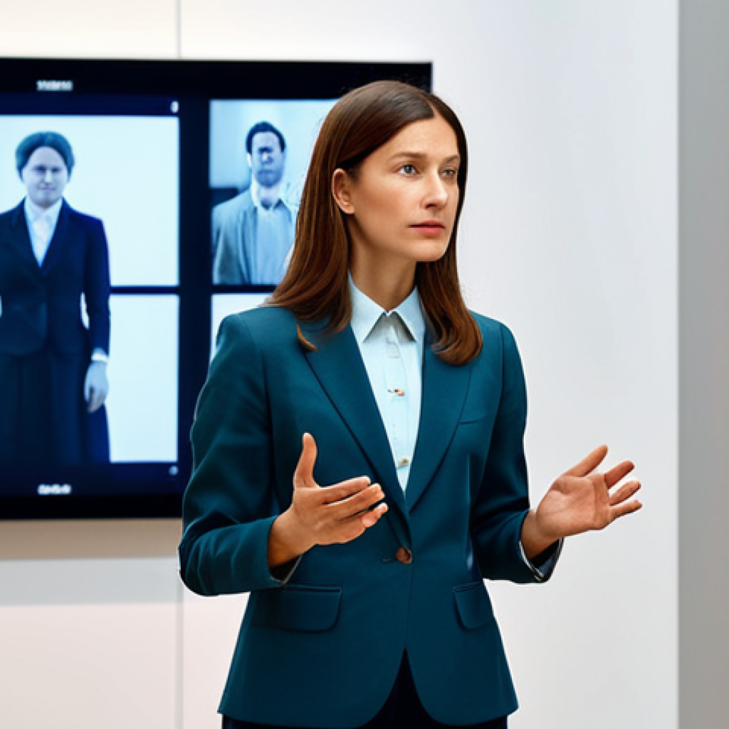 ** A professional female cultural mediator in modest business casual attire, fully clothed, thoughtfully engaging with an interactive AI-powered digital display in a modern art gallery. The background features blurred contemporary artworks with soft, ambient lighting. Perfect anatomy, correct proportions, natural pose, well-formed hands, proper finger count, natural body proportions, professional photography, high quality, safe for work, appropriate content, fully clothed, professional dress, family-friendly.

**