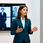 ** A professional female cultural mediator in modest business casual attire, fully clothed, thoughtfully engaging with an interactive AI-powered digital display in a modern art gallery. The background features blurred contemporary artworks with soft, ambient lighting. Perfect anatomy, correct proportions, natural pose, well-formed hands, proper finger count, natural body proportions, professional photography, high quality, safe for work, appropriate content, fully clothed, professional dress, family-friendly.

**