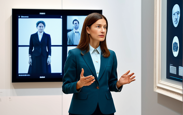 ** A professional female cultural mediator in modest business casual attire, fully clothed, thoughtfully engaging with an interactive AI-powered digital display in a modern art gallery. The background features blurred contemporary artworks with soft, ambient lighting. Perfect anatomy, correct proportions, natural pose, well-formed hands, proper finger count, natural body proportions, professional photography, high quality, safe for work, appropriate content, fully clothed, professional dress, family-friendly.
**