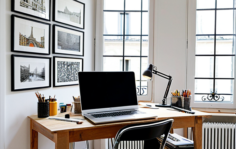 Organized Workspace**
"A bright and airy artist's studio in Paris, France, featuring a well-organized desk with a laptop, sketchbook, and art supplies, fully clothed, appropriate attire, safe for work, perfect anatomy, natural proportions, professional photography, high quality, ergonomic chair, natural light, inspiring artwork on the walls, minimalist design, modest decor."
**