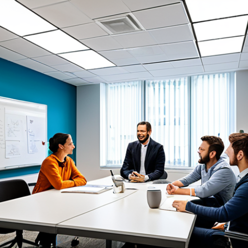 Home 15 미술문화기획사의 업무 스트레스 관리법 - Collaborative Brainstorming Session**
"A bright and airy office space filled with fully clothed pro...