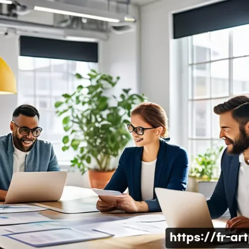 Home 28 미술문화기획사의 기획안 작성 요령 - A modern cultural project planning meeting scene in a bright, spacious office with diverse professio...