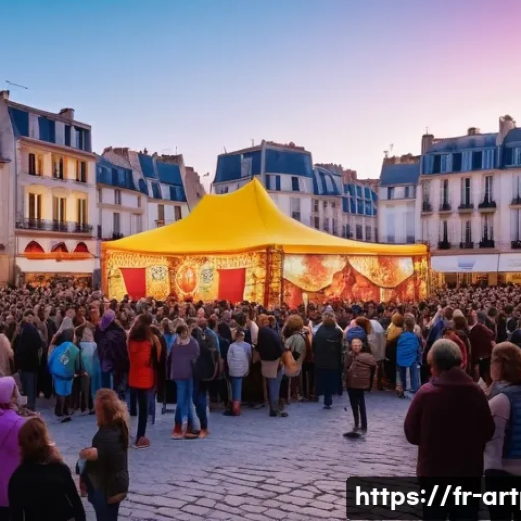 미술문화기획사로서의 직무 가치관 - A vibrant cultural festival scene in a French city square during sunset, showcasing diverse artists ...