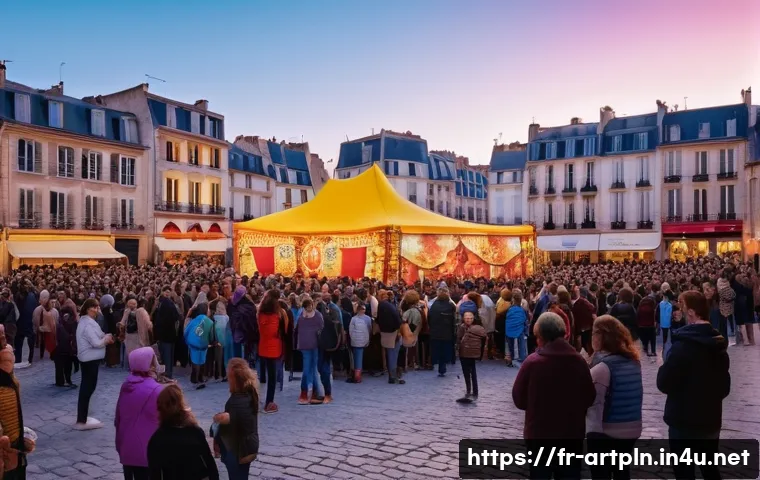 미술문화기획사로서의 직무 가치관 - A vibrant cultural festival scene in a French city square during sunset, showcasing diverse artists ...