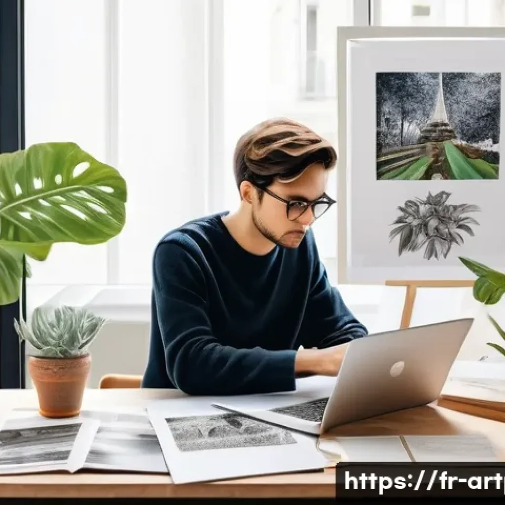 미술문화기획사의 포트폴리오 관리 노하우 - A modern artist’s portfolio workspace featuring a sleek laptop displaying an online gallery with a c...