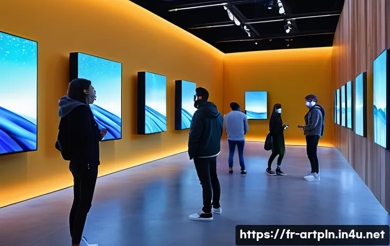 미술문화기획사의 전시 기획 사례 연구 - A contemporary immersive art exhibition space featuring augmented reality installations, vibrant LED...