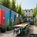 미술문화기획사의 창의적 문제 해결 스토리 - A vibrant urban scene showcasing a repurposed industrial wasteland in Paris transformed into a livel...