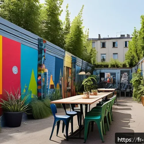 미술문화기획사의 창의적 문제 해결 스토리 - A vibrant urban scene showcasing a repurposed industrial wasteland in Paris transformed into a livel...