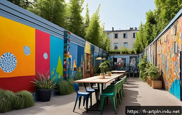 미술문화기획사의 창의적 문제 해결 스토리 - A vibrant urban scene showcasing a repurposed industrial wasteland in Paris transformed into a livel...