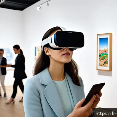 미술문화기획사의 직업적 성장 한계 극복법 - A contemporary cultural mediator working in a modern art gallery, engaging with diverse visitors whi...