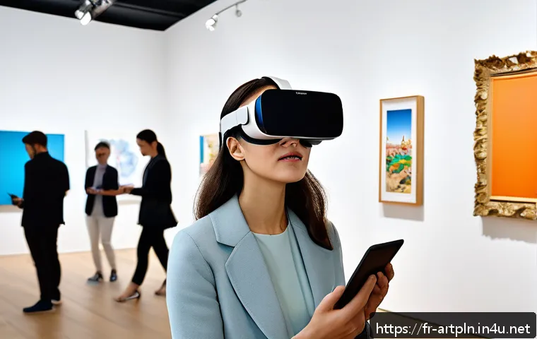 미술문화기획사의 직업적 성장 한계 극복법 - A contemporary cultural mediator working in a modern art gallery, engaging with diverse visitors whi...