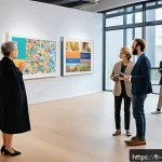 미술문화기획사의 직업적 장단점 분석 - A dynamic scene inside a modern French cultural center where a diverse group of professionals collab...