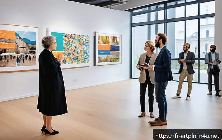 미술문화기획사의 직업적 장단점 분석 - A dynamic scene inside a modern French cultural center where a diverse group of professionals collab...