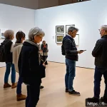 미술문화기획사의 전시회 성과 평가 방법 - A modern art exhibition scene in Lyon showcasing diverse visitors of various ages and professions in...
