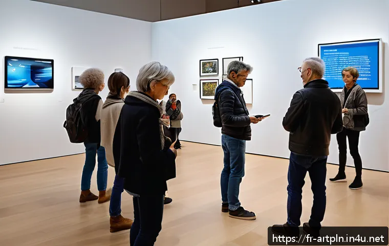미술문화기획사의 전시회 성과 평가 방법 - A modern art exhibition scene in Lyon showcasing diverse visitors of various ages and professions in...