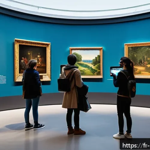미술문화기획사 자격증 시험의 최신 트렌드 - A modern cultural exhibition space featuring visitors using augmented reality (AR) glasses to explor...