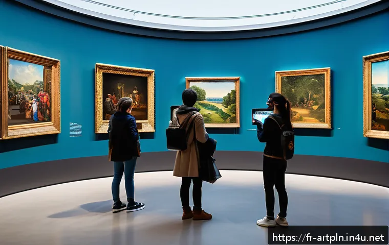 미술문화기획사 자격증 시험의 최신 트렌드 - A modern cultural exhibition space featuring visitors using augmented reality (AR) glasses to explor...