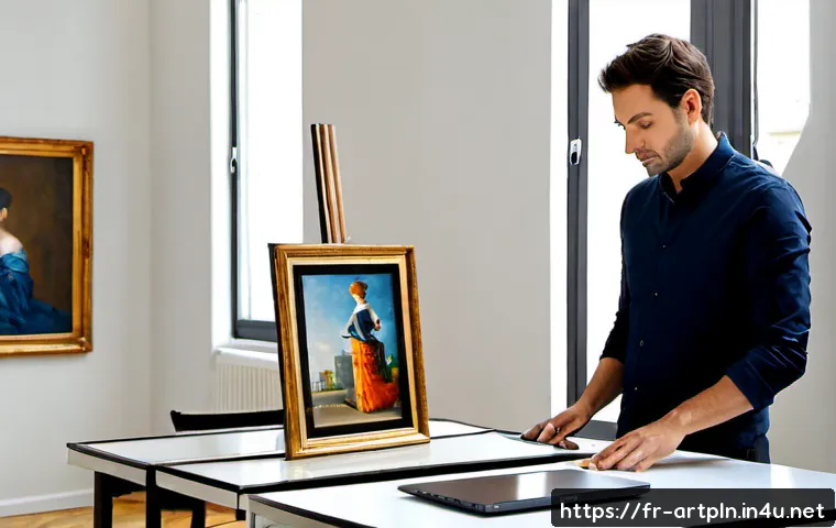 Home 17 미술문화기획사와 온라인 전시 플랫폼 활용 - Photorealistic Parisian art consultant in a bright contemporary studio, arranging a curated selectio...